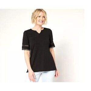 Belle By Kim Gravel Shirt Womens XS Black Slub Knit Diamond Trim Top Lace